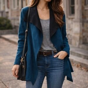 Magnolia Grace Cardigan Teal Blue Black Ribbed Back‎ Open Front Draped XS NEW